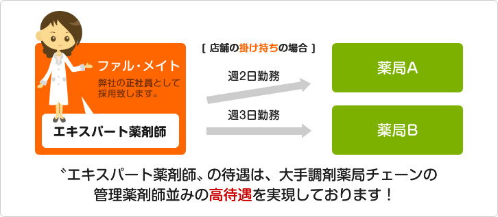 エキスパート薬剤師としてファル・メイトに入社後、掛け持ちで取引先の薬局に勤務可能。エキスパート薬剤師は高待遇です。